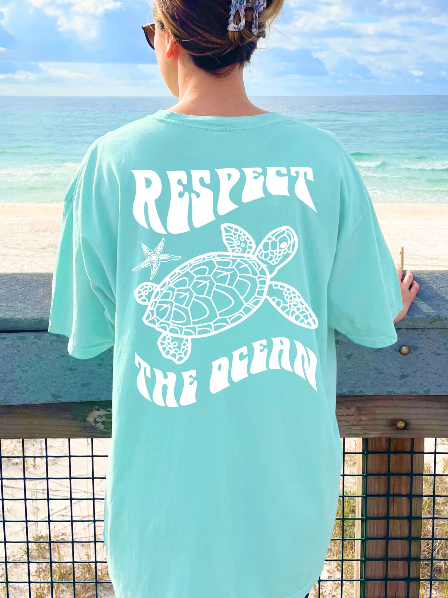 Respect The Ocean Sea Turtle Comfort Colors Tshirt Light Blue Chalky MInt