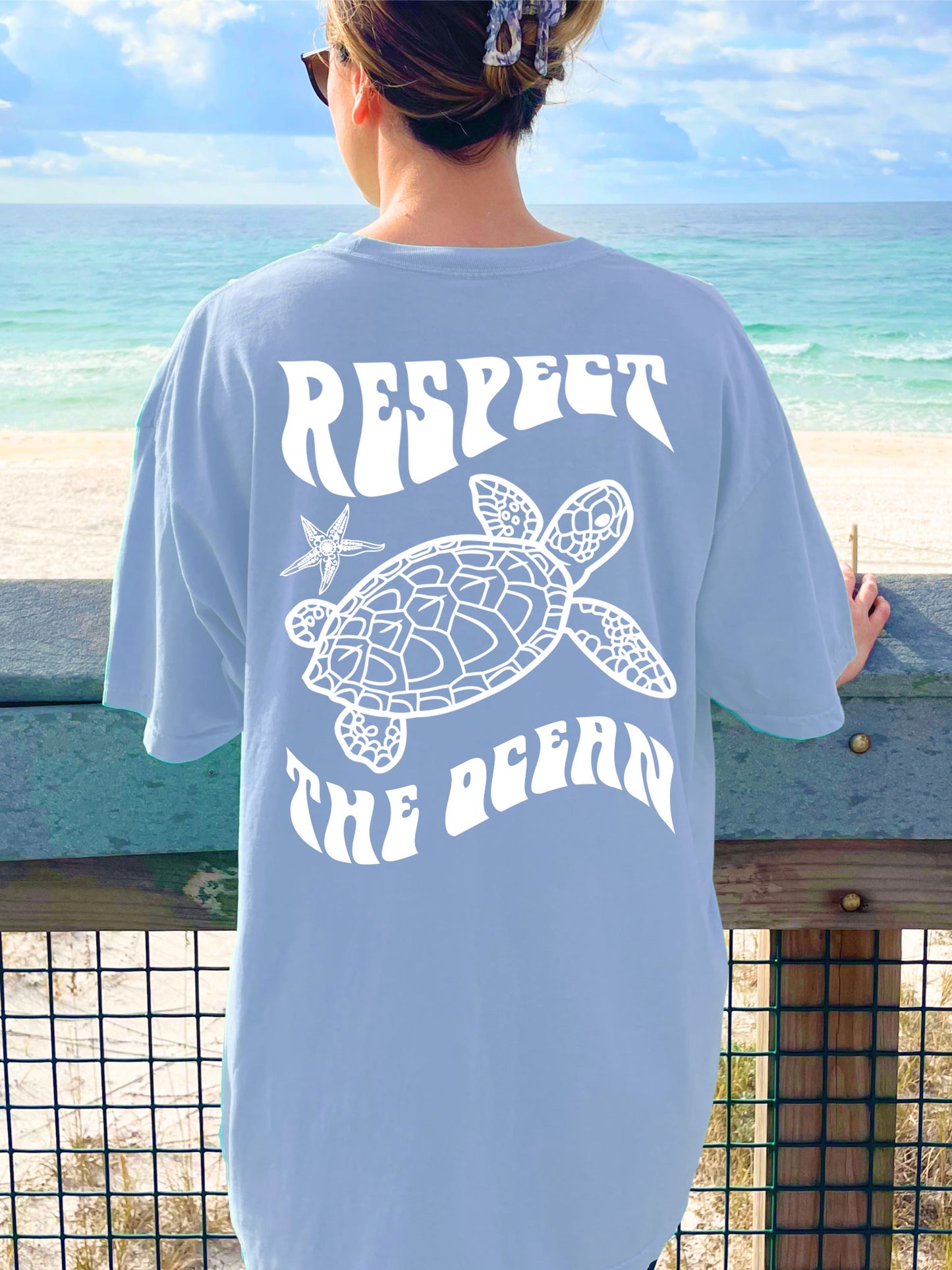 Respect The Ocean Sea Turtle Comfort Colors Tshirt Light Blue Washed Denim