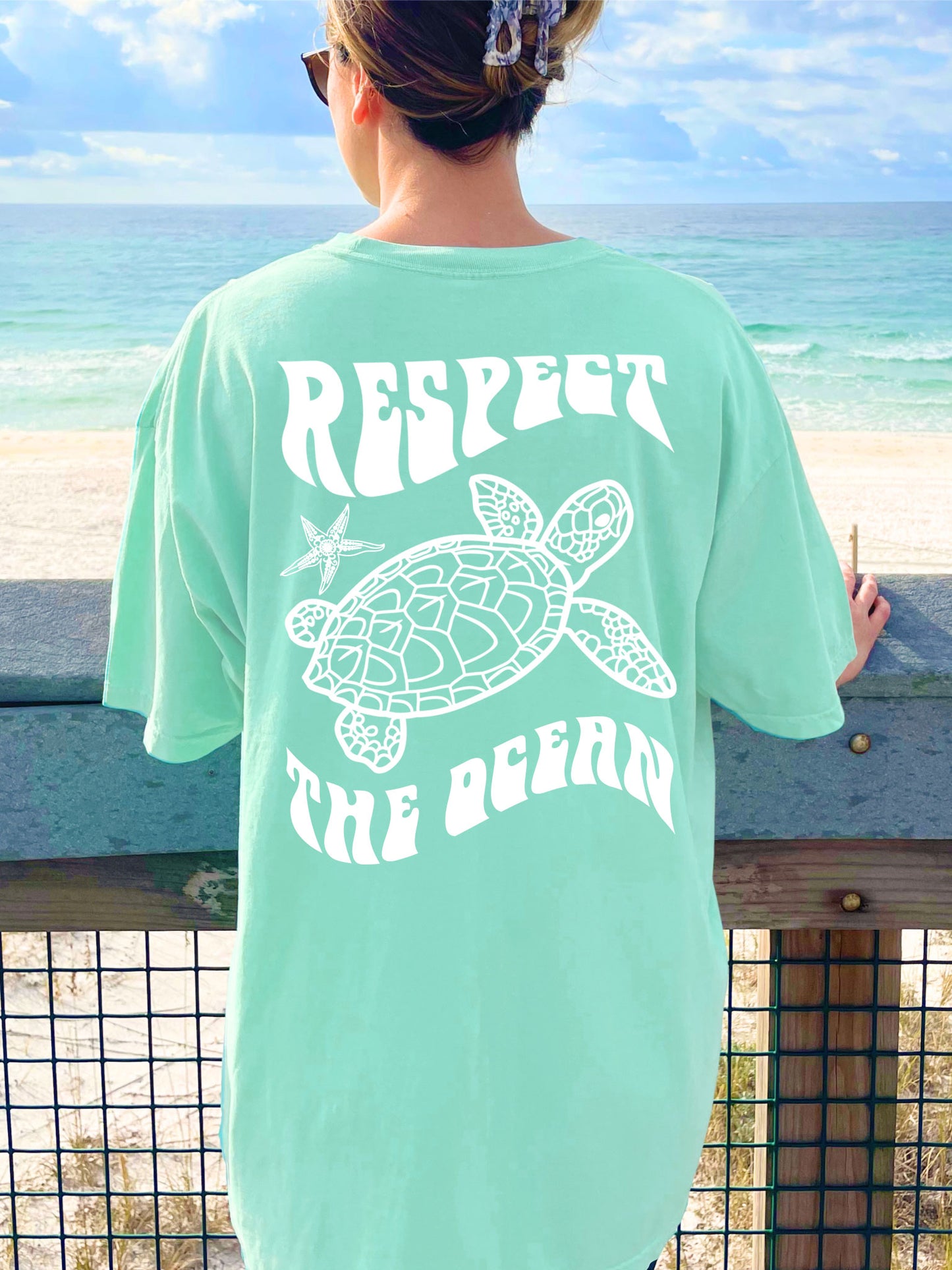 Respect The Ocean Sea Turtle Comfort Colors Tshirt Light Green Island Reef