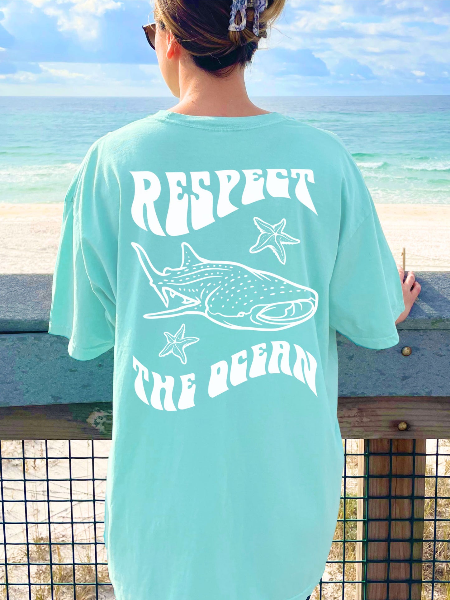 Respect The Ocean Whale Shark Comfort Colors Tshirt Light Blue Chalky Mint