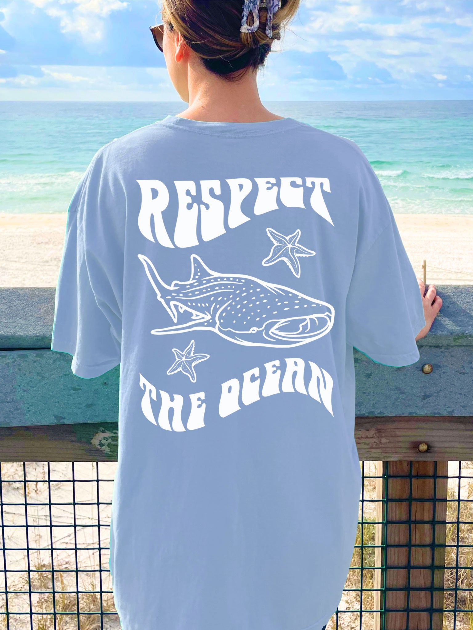 Respect The Ocean Whale Shark Comfort Colors Tshirt Light Blue Washed Denim