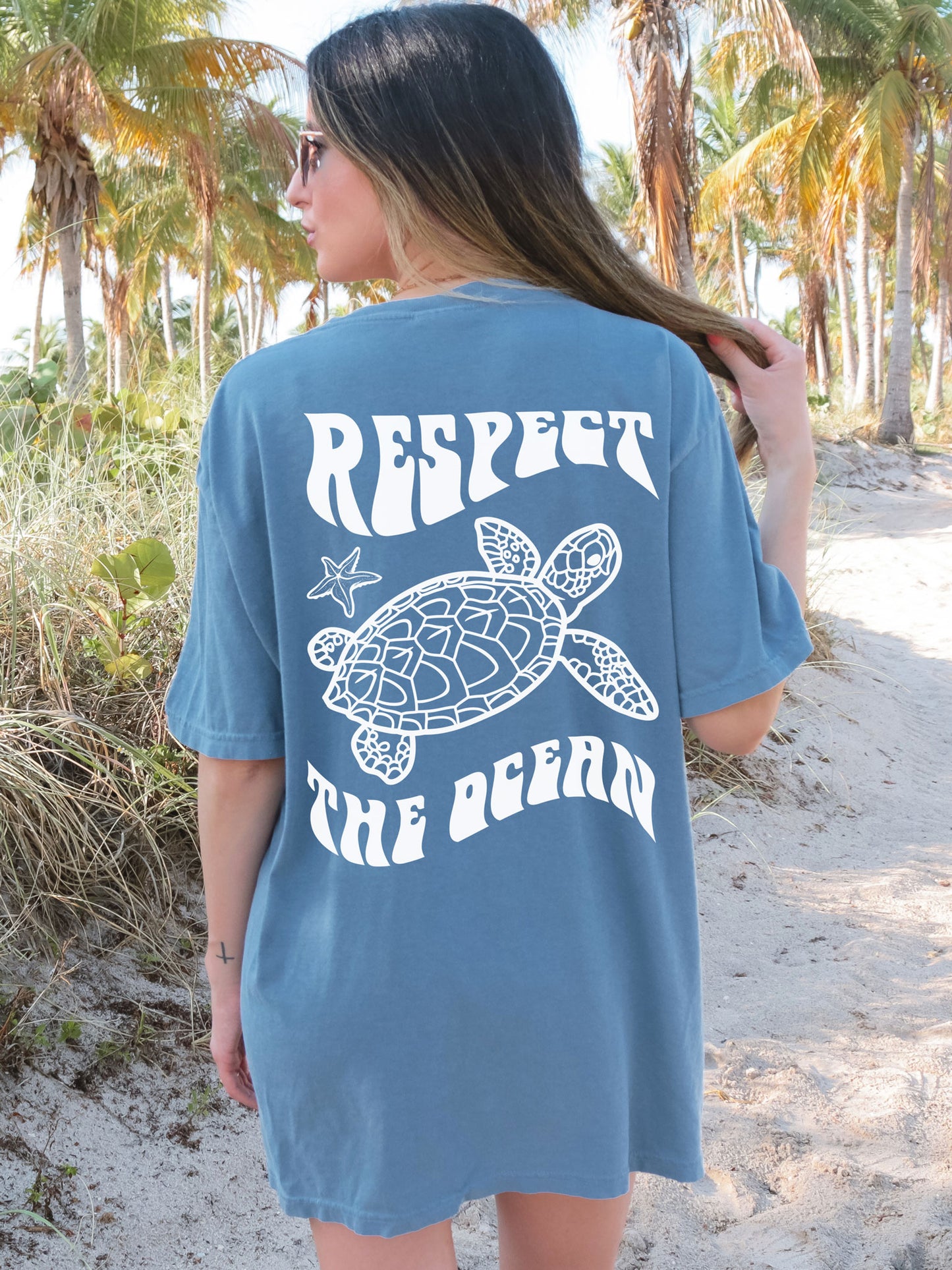 Respect The Ocean Sea Turtle Comfort Colors Tshirt Blue Jean
