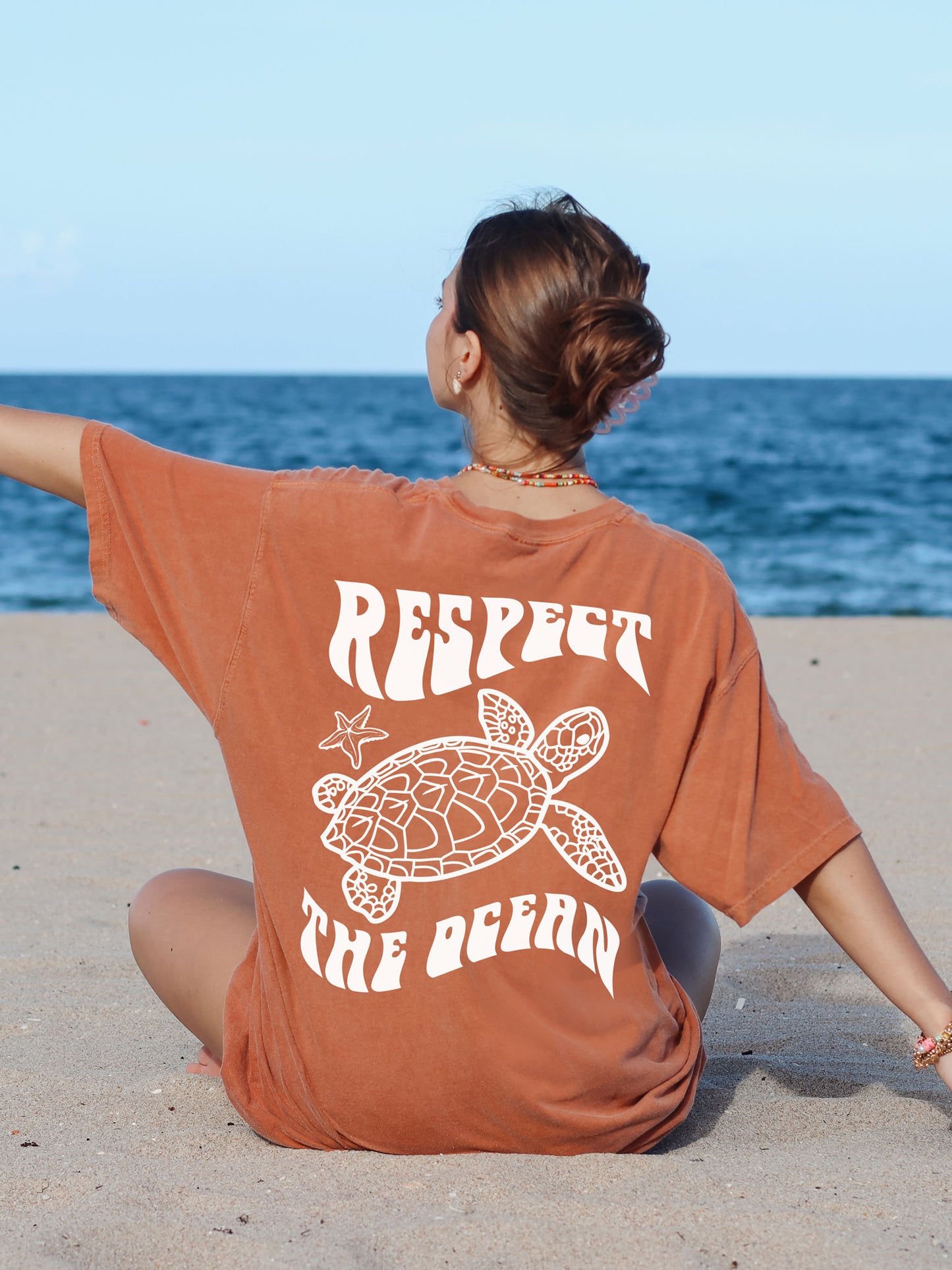 Respect The Ocean Sea Turtle Comfort Colors Tshirt Burnt Orange Yam