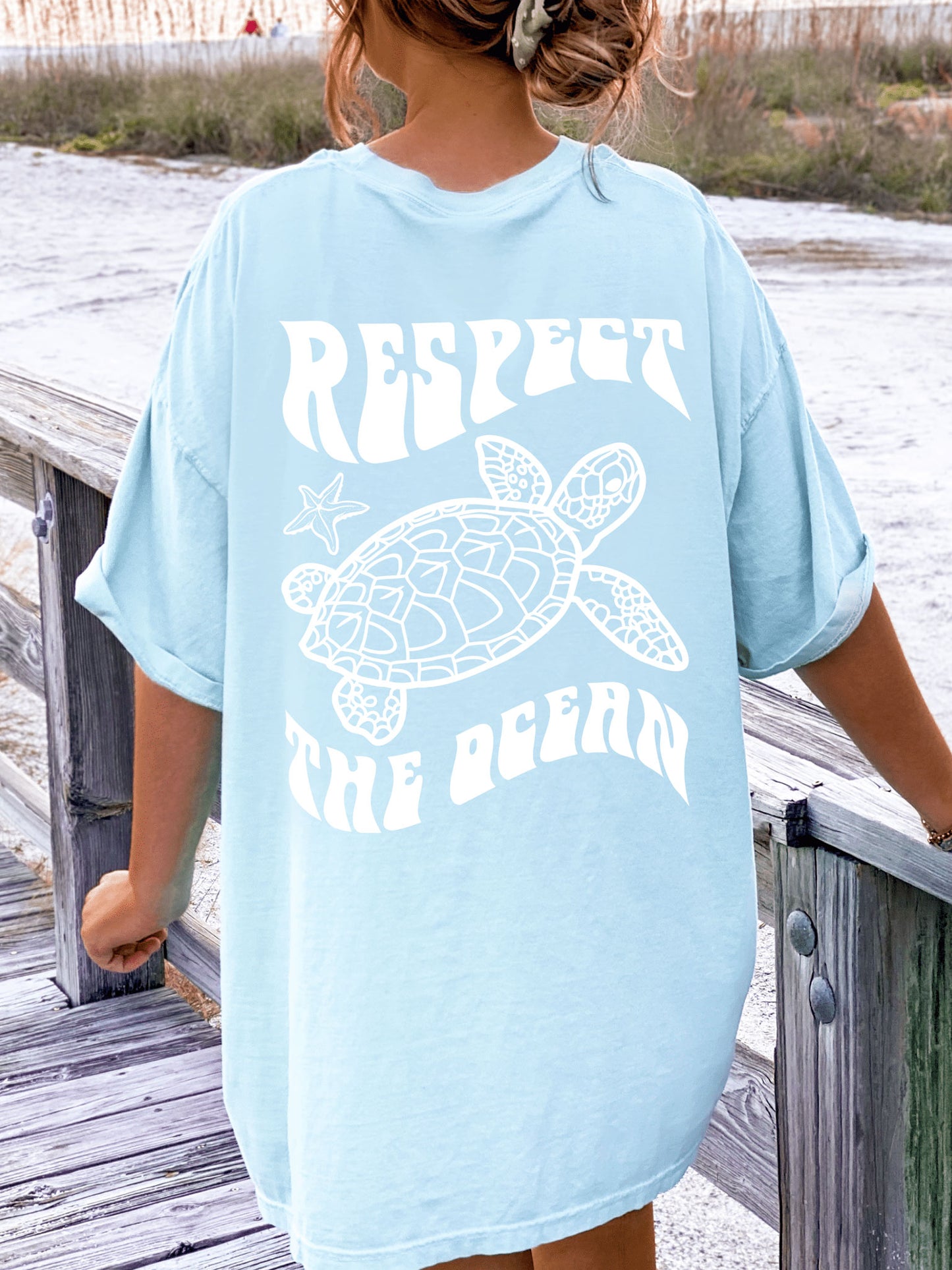 Respect The Ocean Sea Turtle Comfort Colors Tshirt Light Blue Chambray