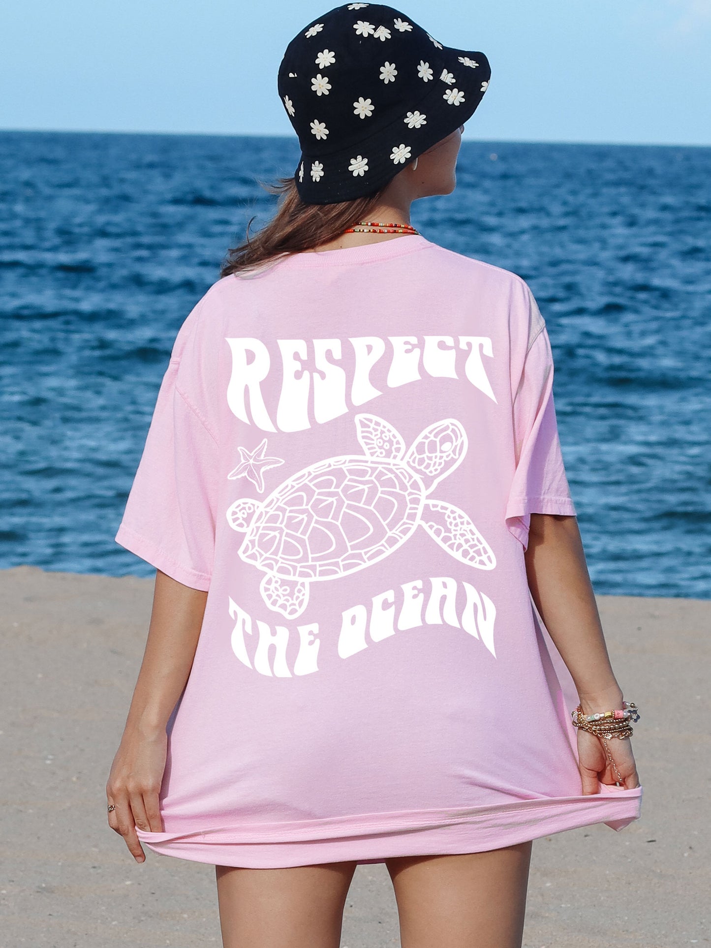 Respect The Ocean Sea Turtle Comfort Colors Tshirt Pink Blossom