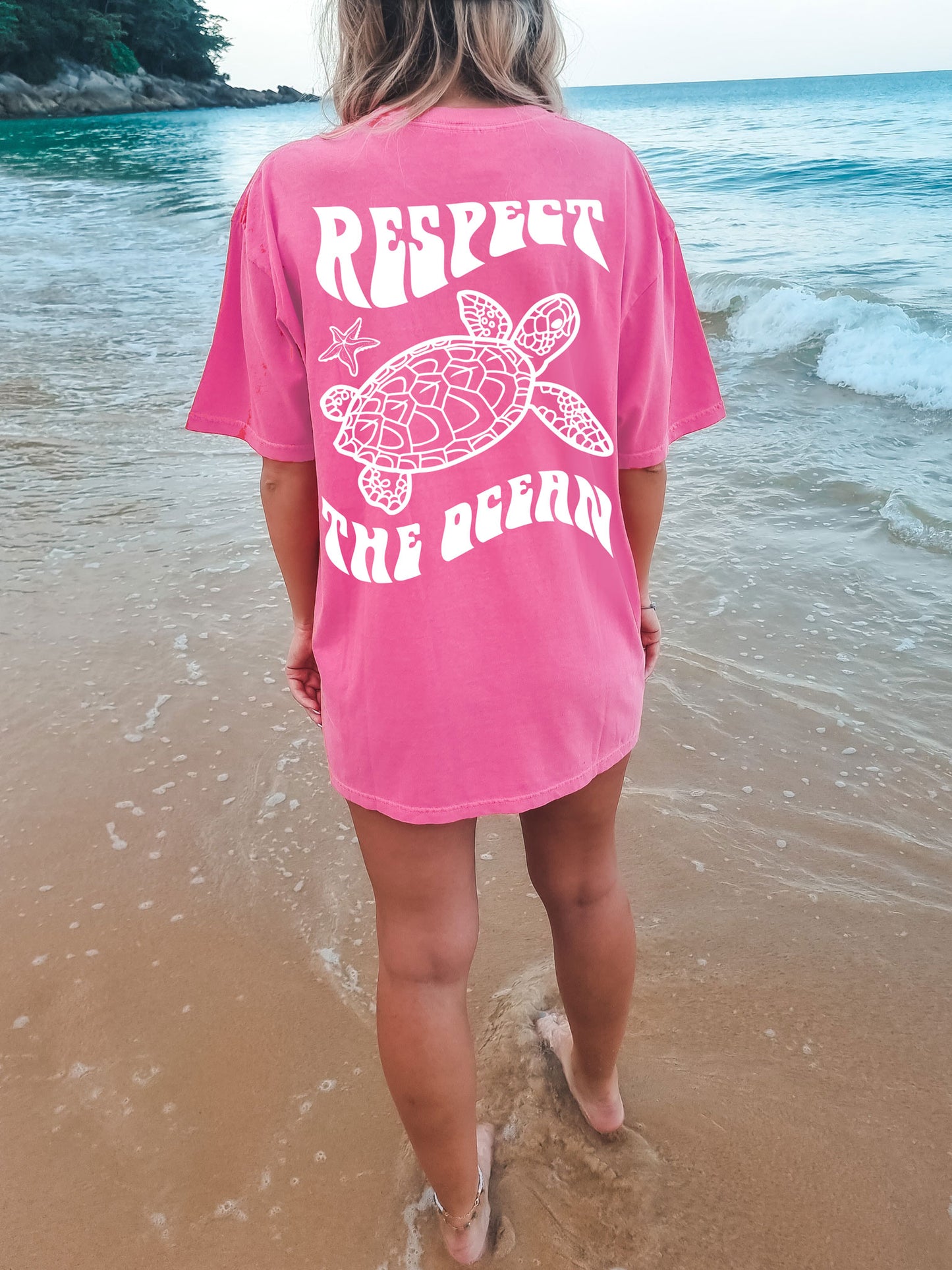 Respect The Ocean Sea Turtle Comfort Colors Tshirt Hot Pink Crunchberry