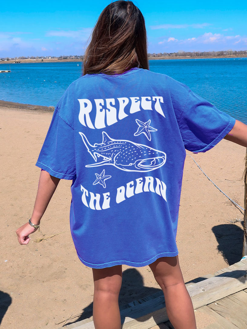 Respect The Ocean Whale Shark Comfort Colors Tshirt Bright Flo Blue