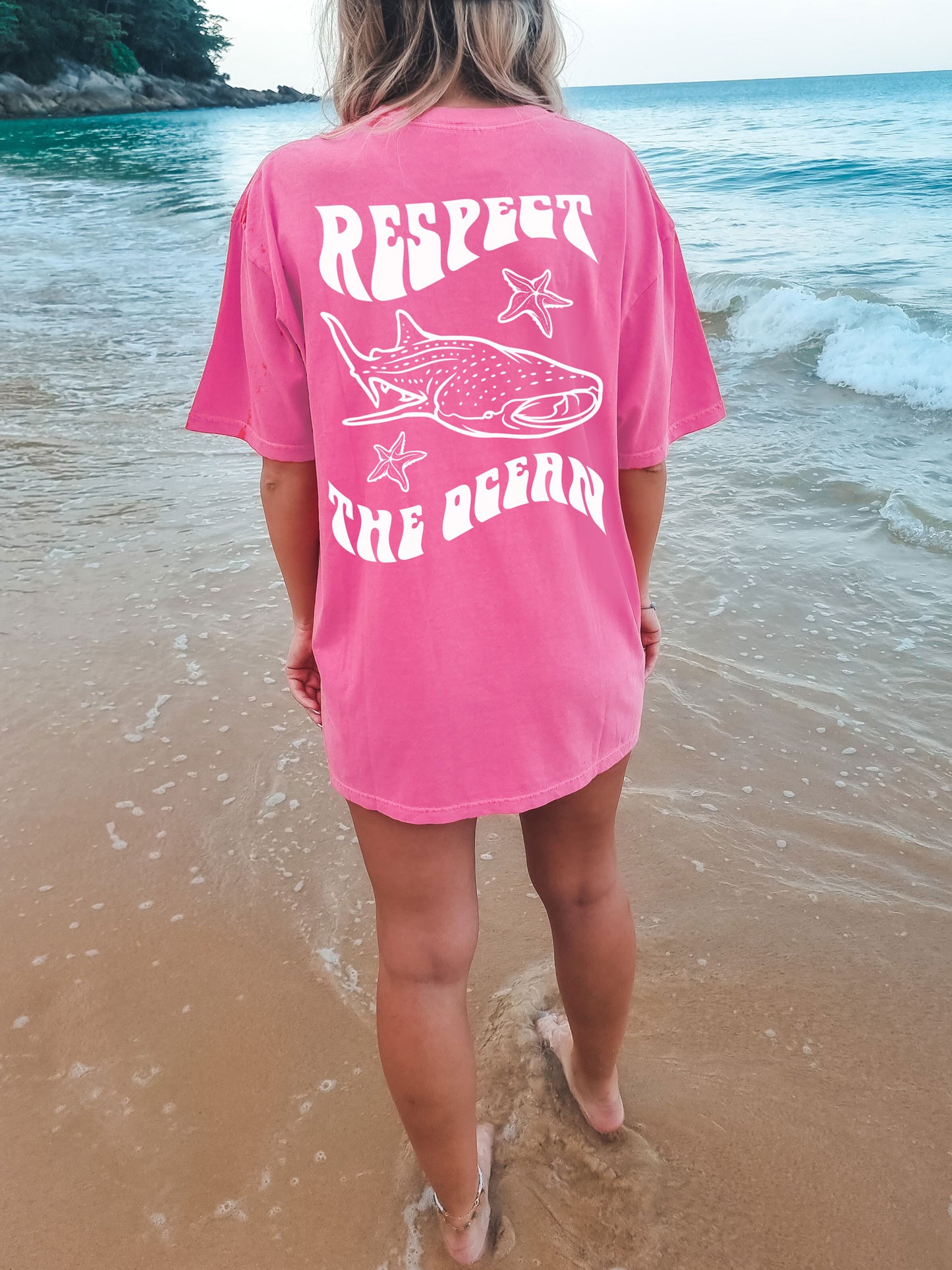 Respect The Ocean Whale Shark Comfort Colors Tshirt Hot Pink Crunchberry