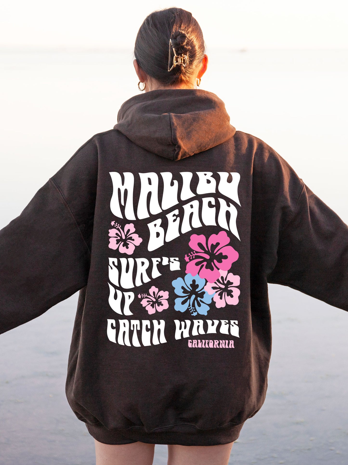 Coconut Girl Hibiscus Surf Hoodie Dark Chocolate Brown with White and Colorful Ink Malibu Beach California