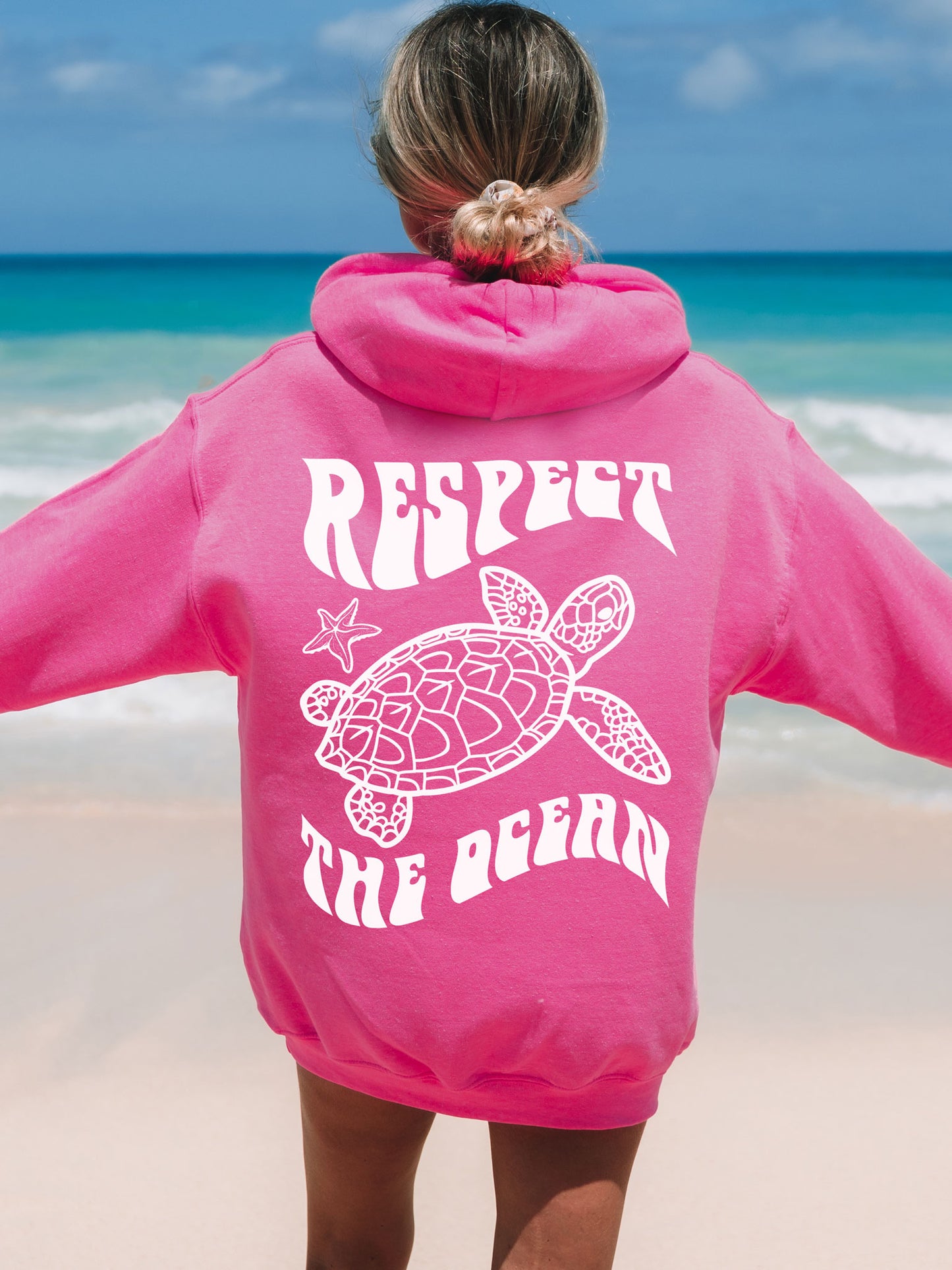 Respect The Ocean Sea Turtle Hoodie Hot Pink Heliconia