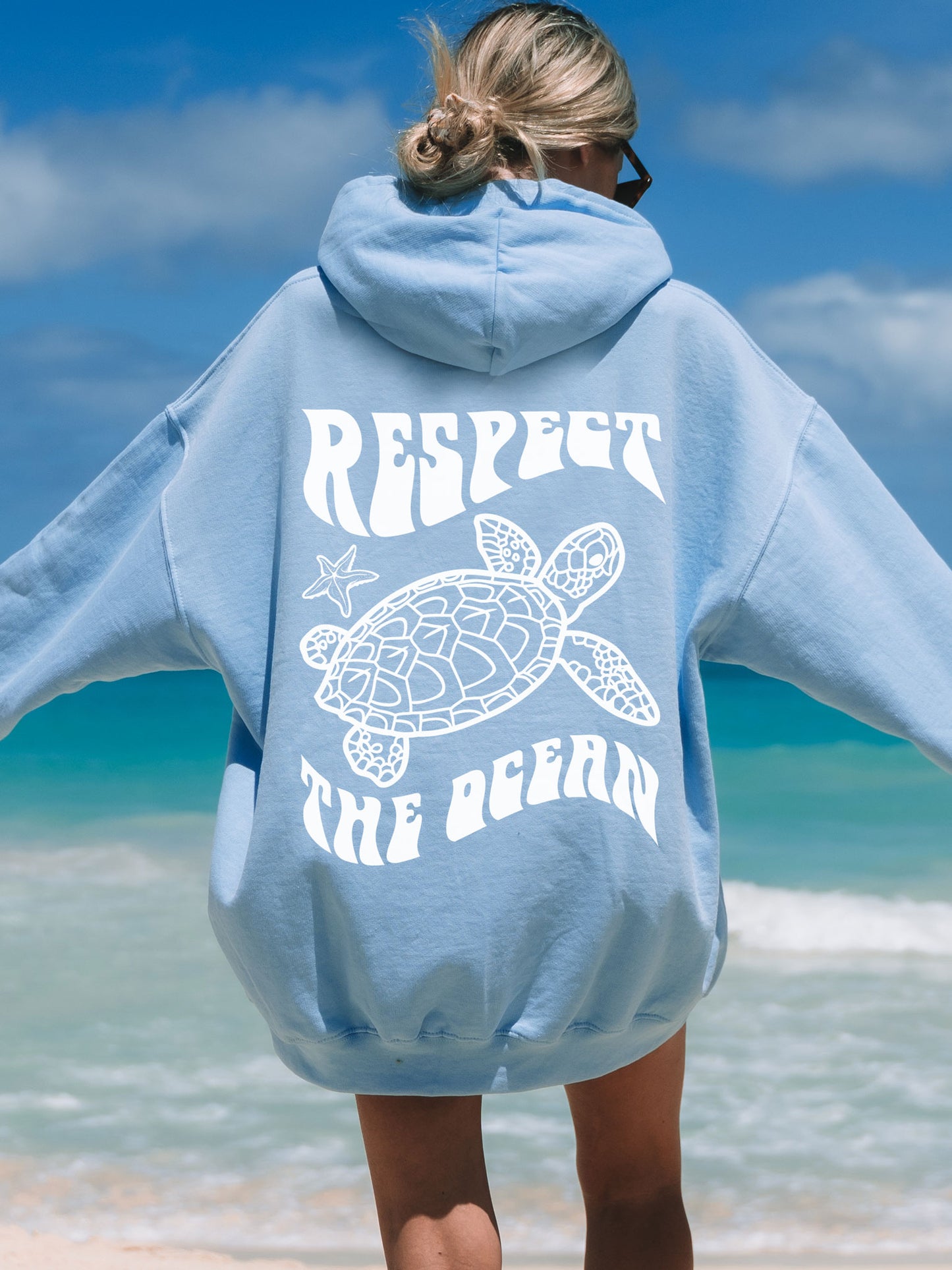 Respect The Ocean Sea Turtle Hoodie Light Blue