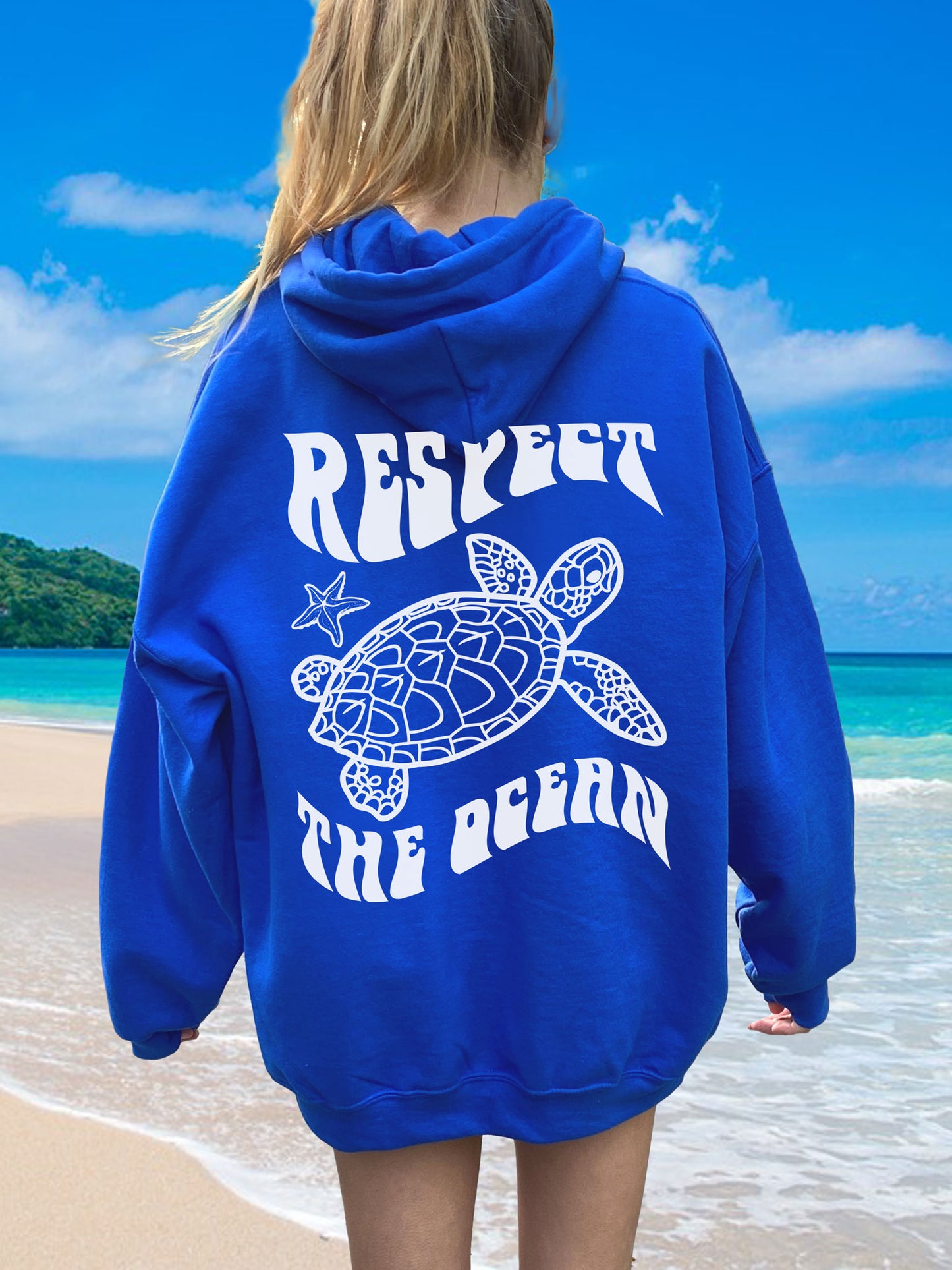 Respect The Ocean Sea Turtle Hoodie Royal Blue