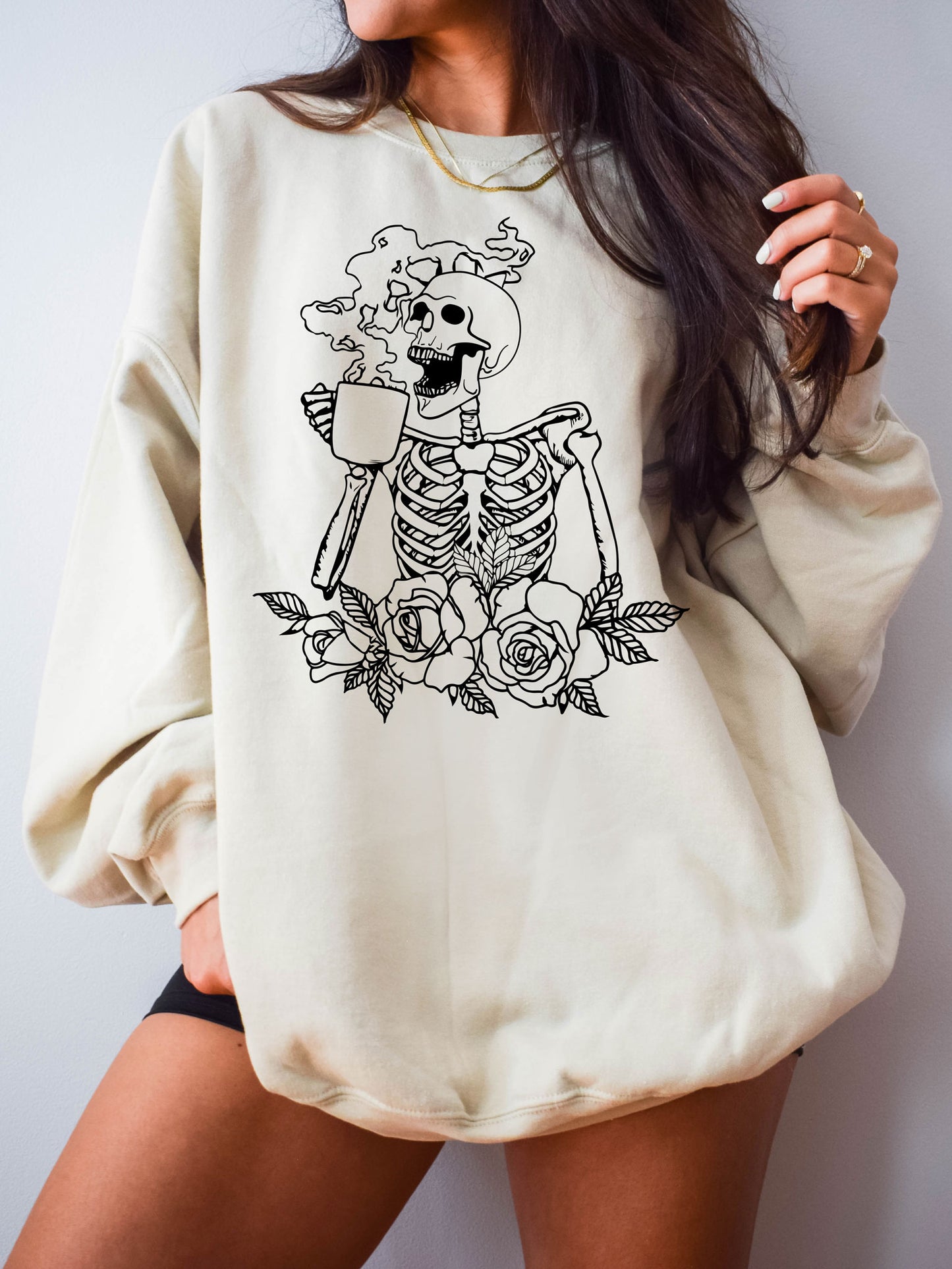 Hot Coffee Skeleton with Roses Sweatshirt - Black Ink