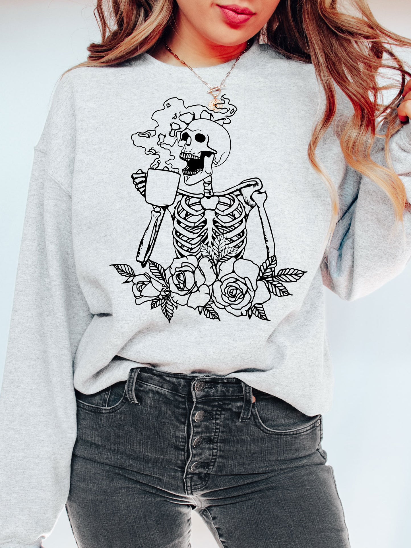 Hot Coffee Skeleton with Roses Sweatshirt - Black Ink