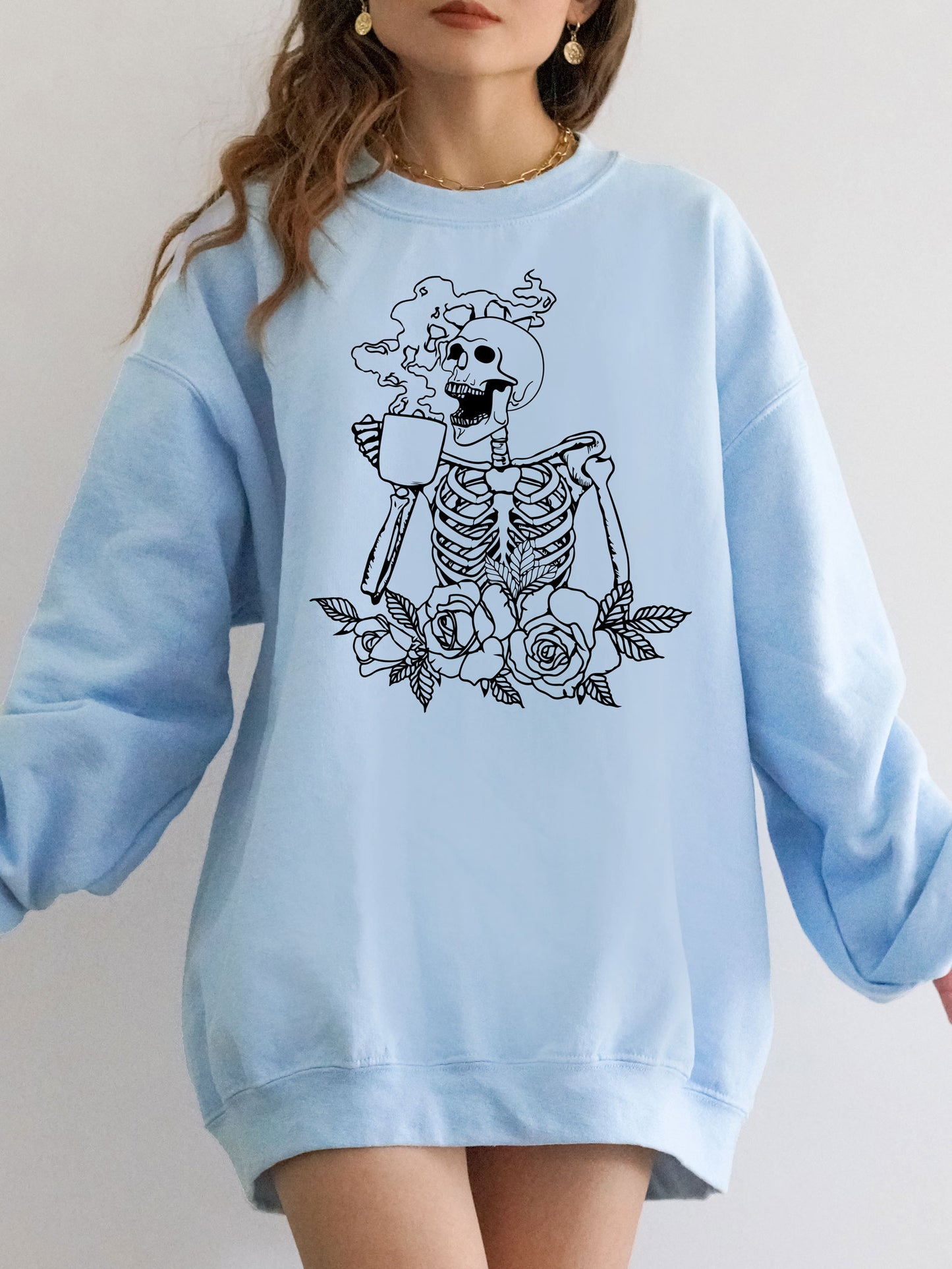 Hot Coffee Skeleton with Roses Sweatshirt - Black Ink