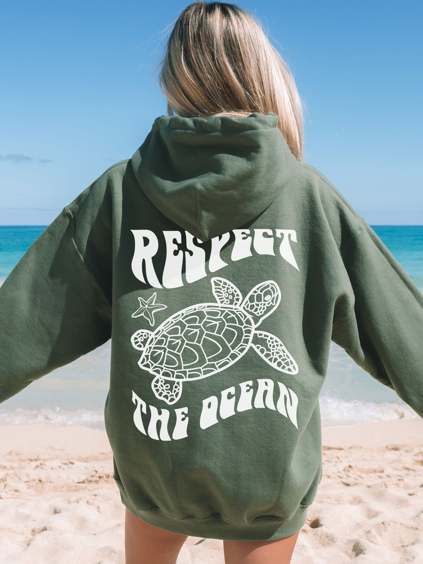 Respect The Ocean Sea Turtle Hoodie Olive Military Green