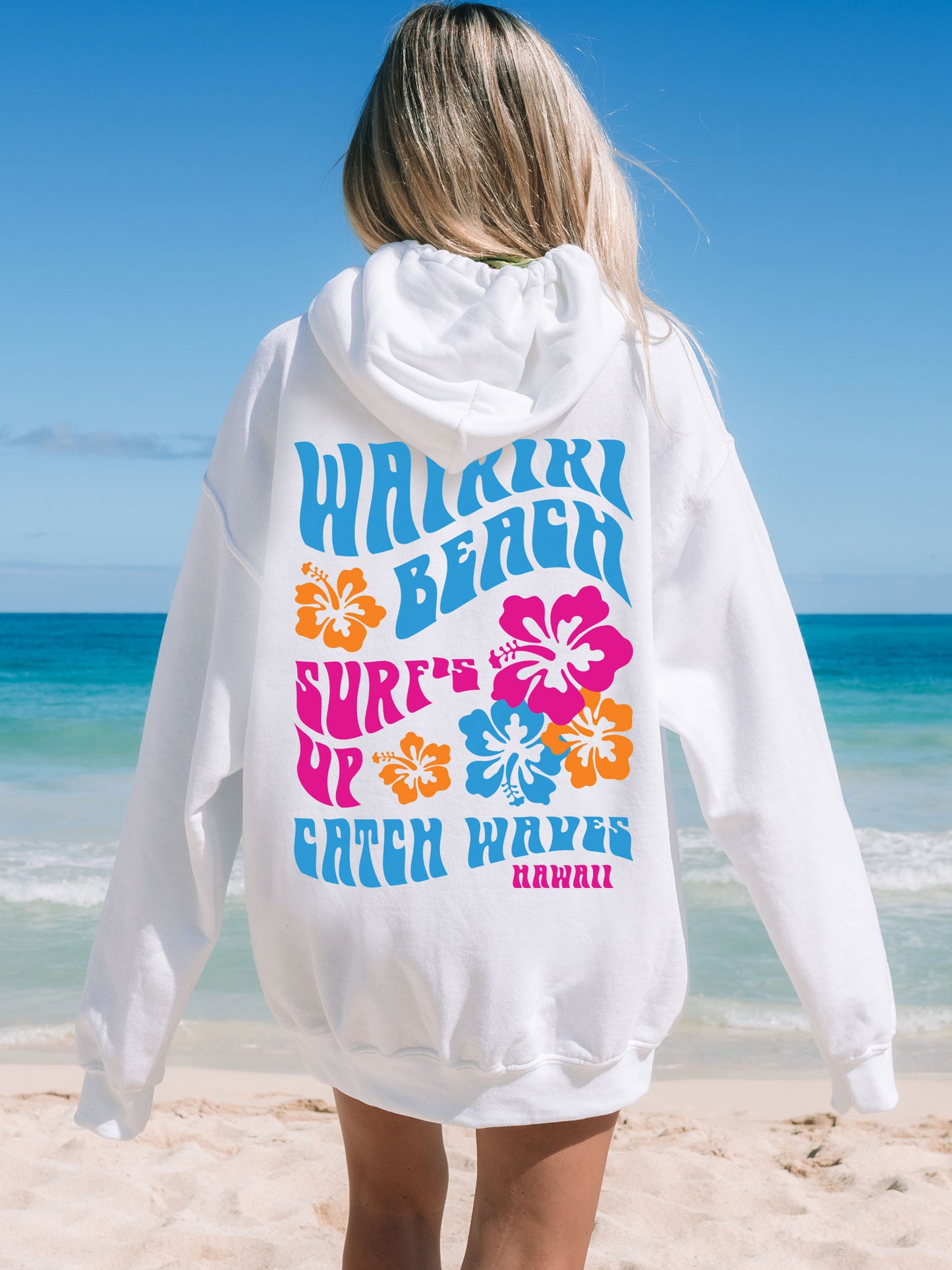 Coconut Girl Hibiscus Surf Hoodie White with Colorful Ink Waikiki Beach Hawaii