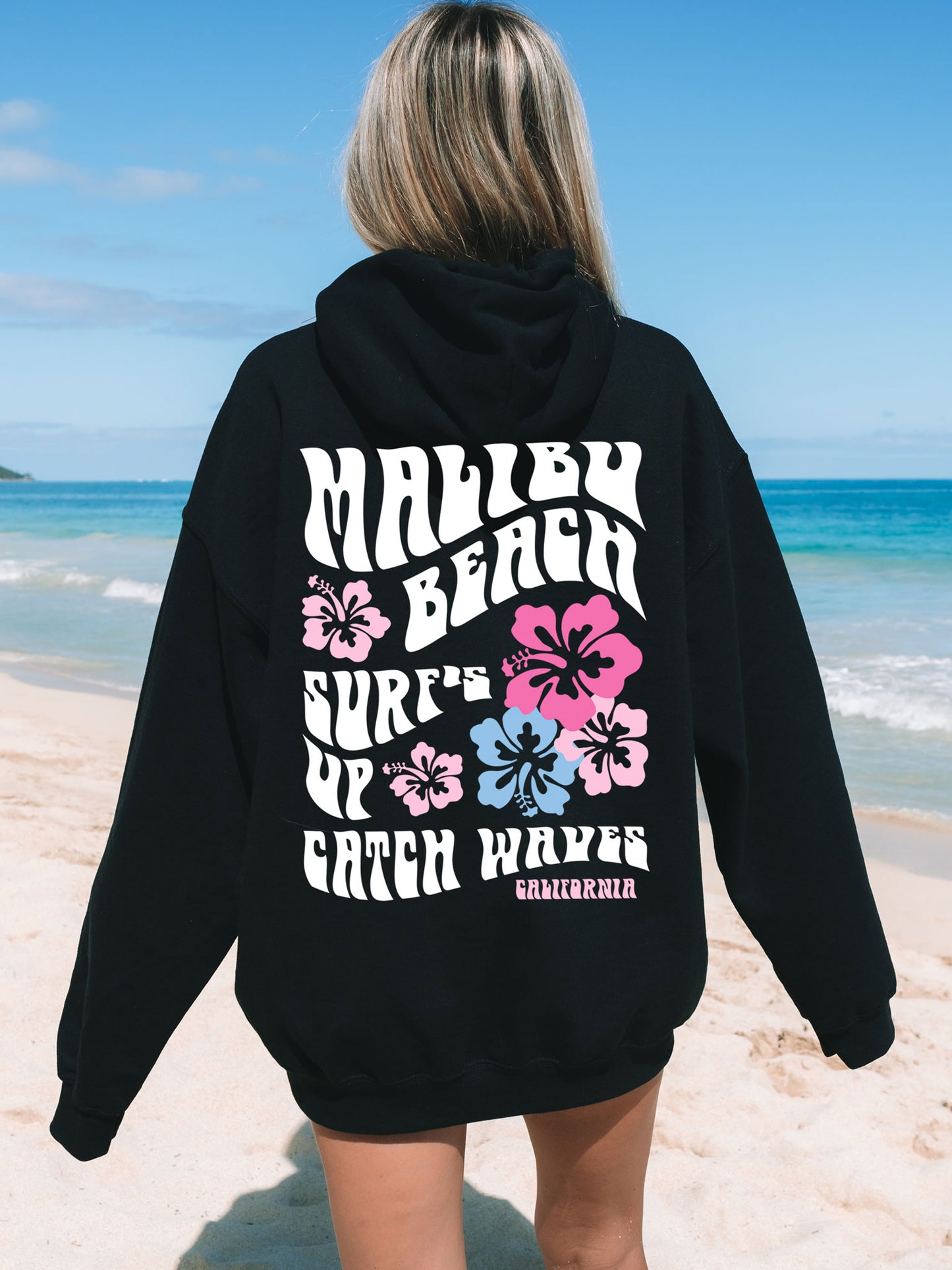 Coconut Girl Hibiscus Surf Hoodie Black with White and Colorful Ink Malibu Beach California