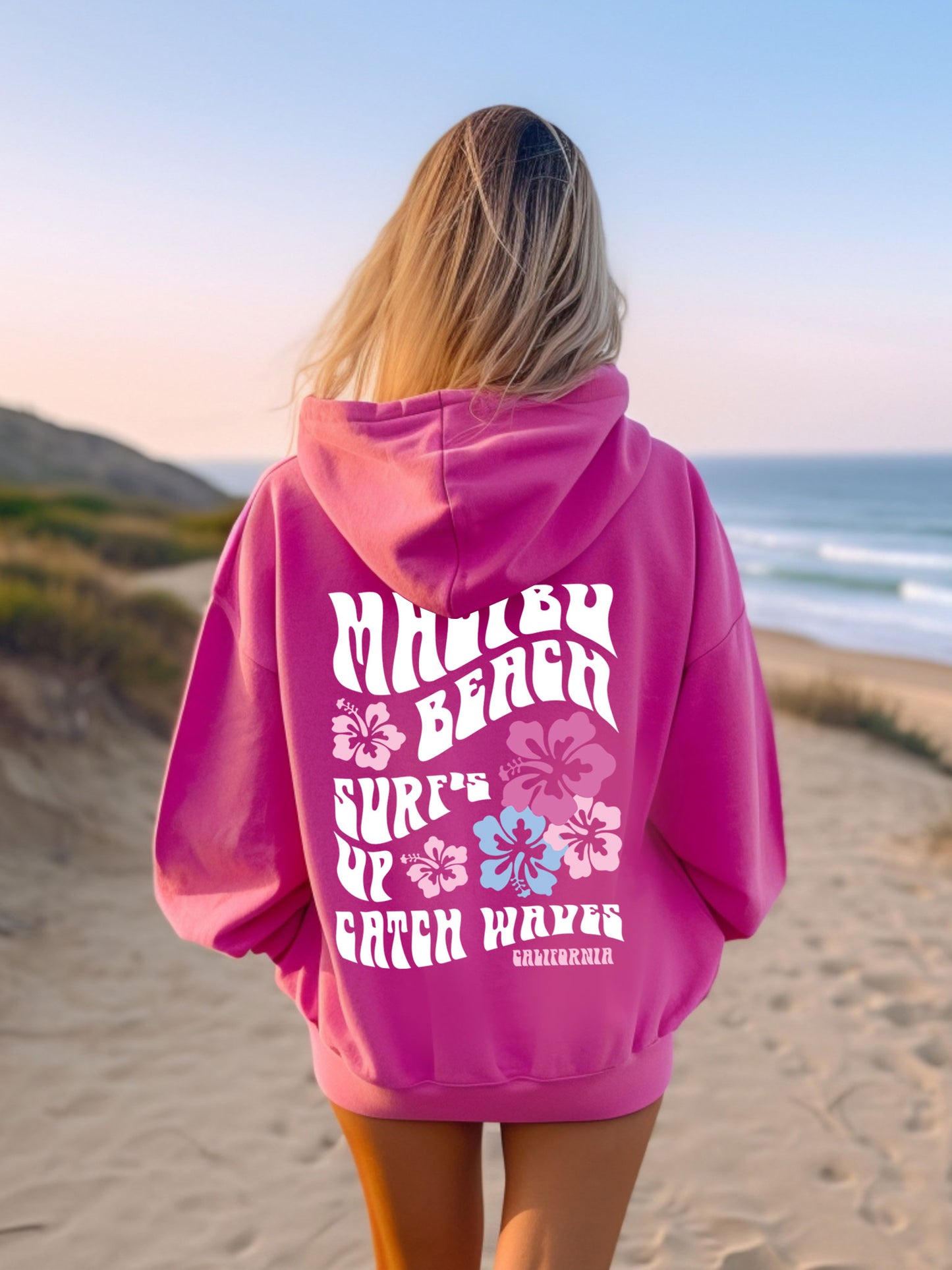Coconut Girl Hibiscus Surf Hoodie Hot Pink Heliconia with White and Colorful Ink Malibu Beach California