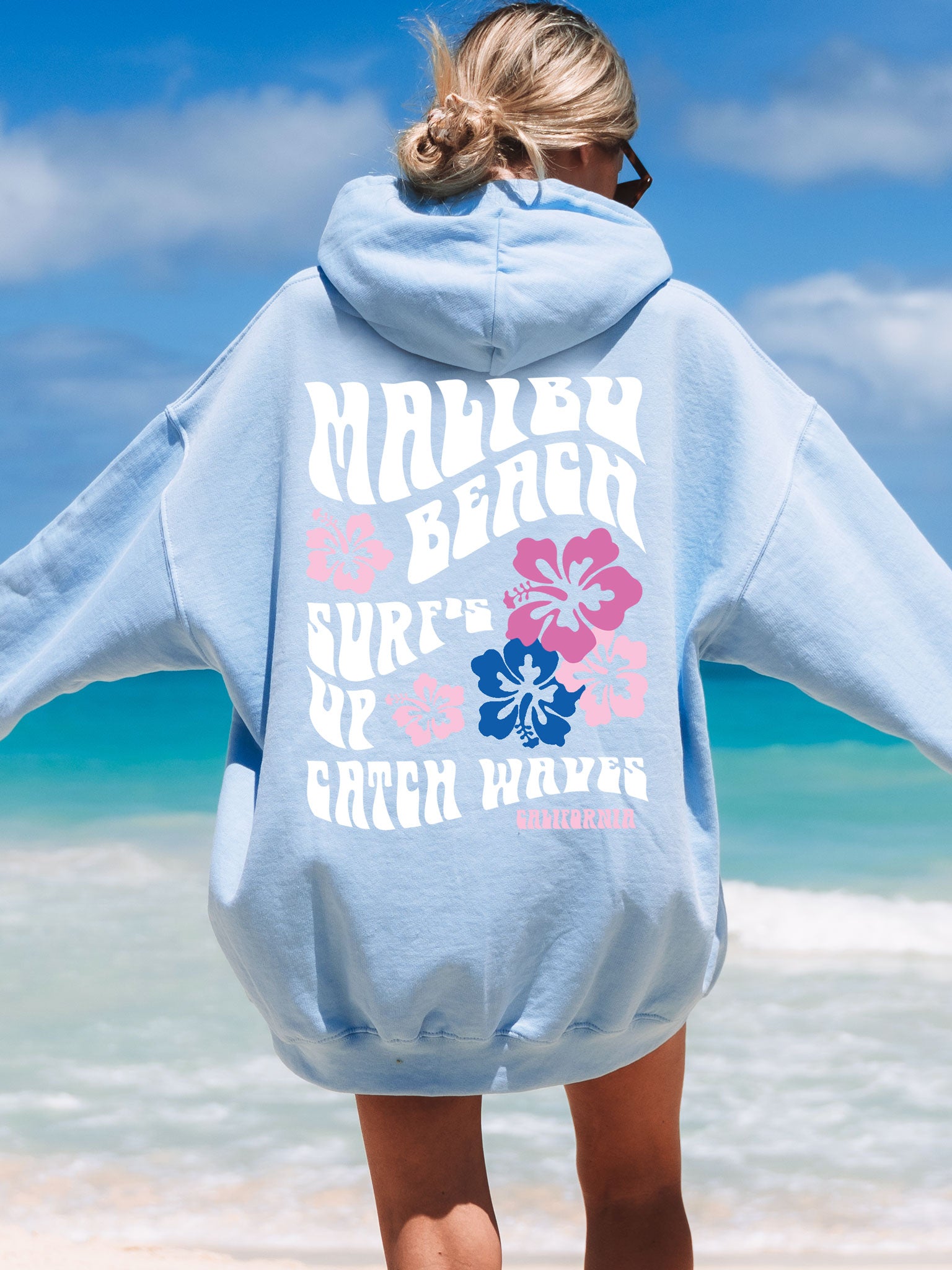 Coconut Girl Hibiscus Surf Hoodie Light Blue with White and Colorful Ink Malibu Beach California