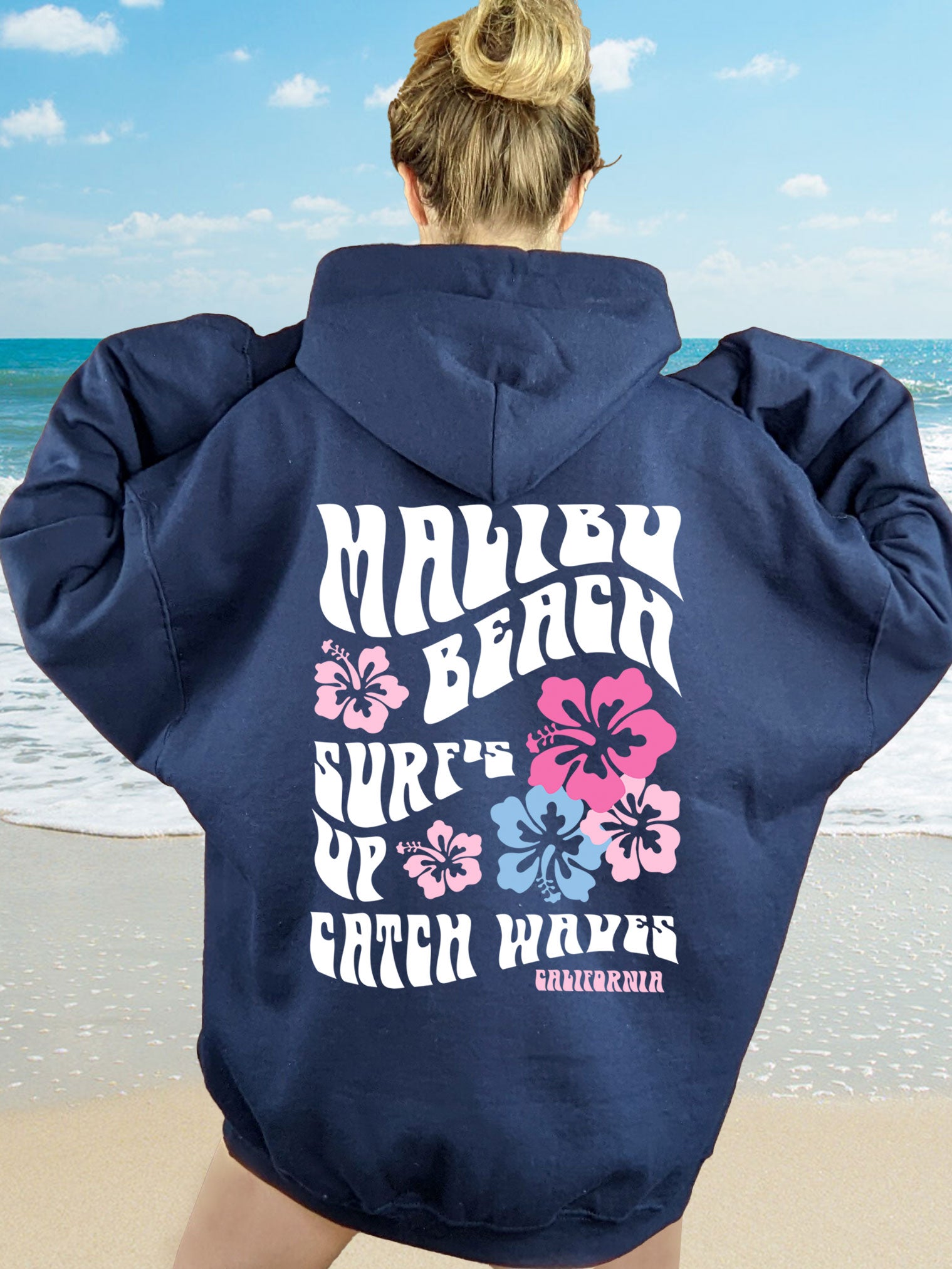 Coconut Girl Hibiscus Surf Hoodie Navy Blue with White and Colorful Ink Malibu Beach California