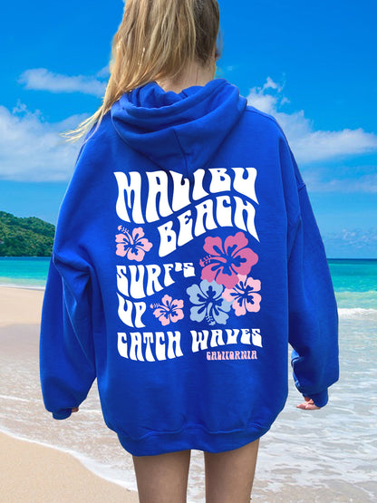 Coconut Girl Hibiscus Surf Hoodie Royal Blue with White and Colorful Ink Malibu Beach California
