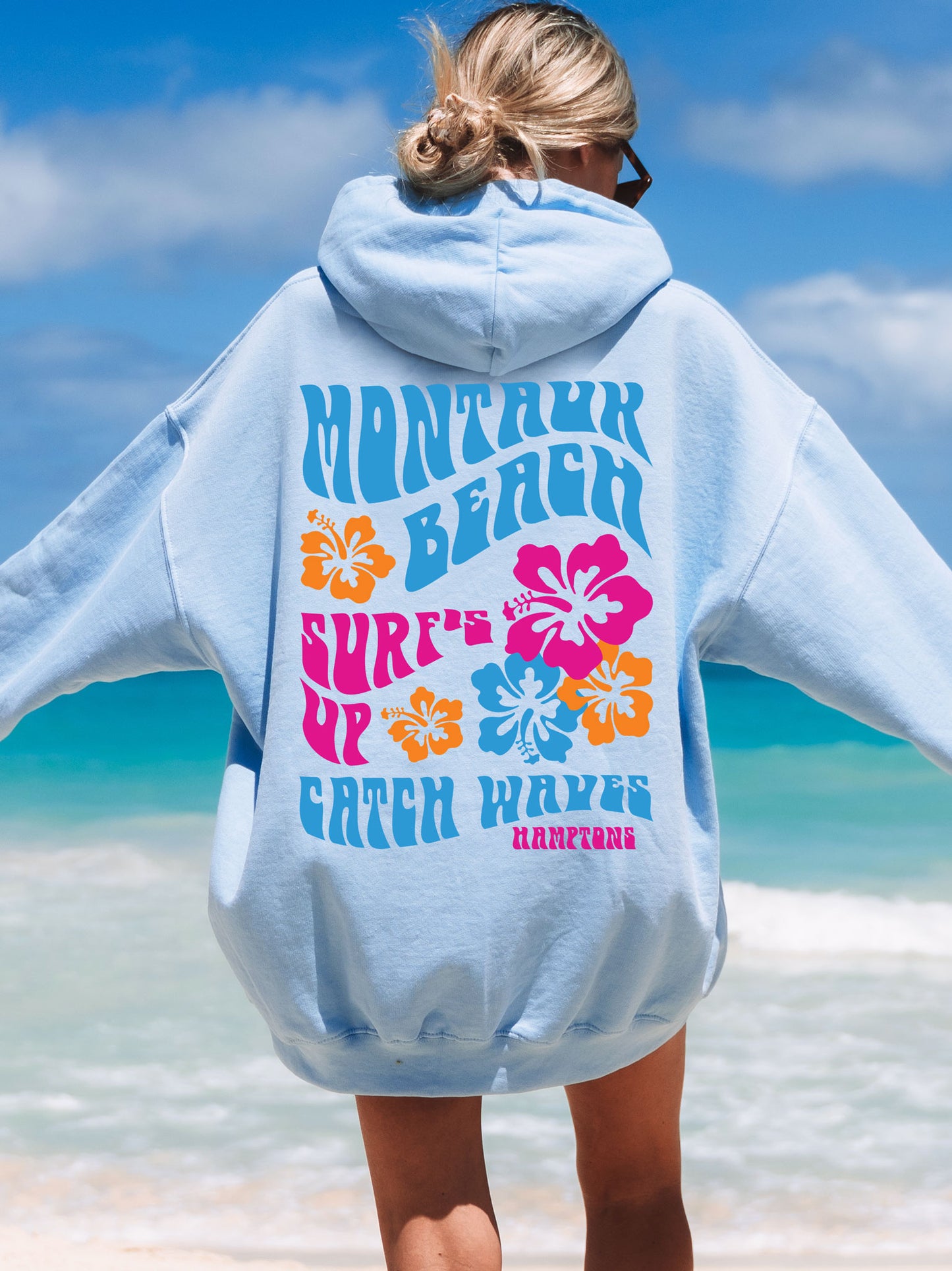 Coconut Girl Hibiscus Surf Hoodie Light Blue with Colorful Ink Montauk Beach Hamptons