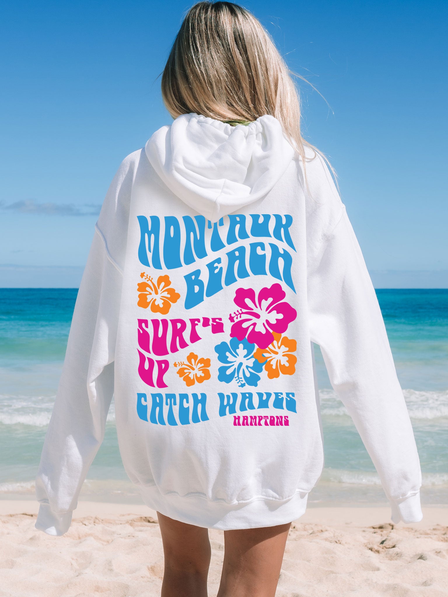 Coconut Girl Hibiscus Surf Hoodie White with Colorful Ink Montauk Beach Hamptons