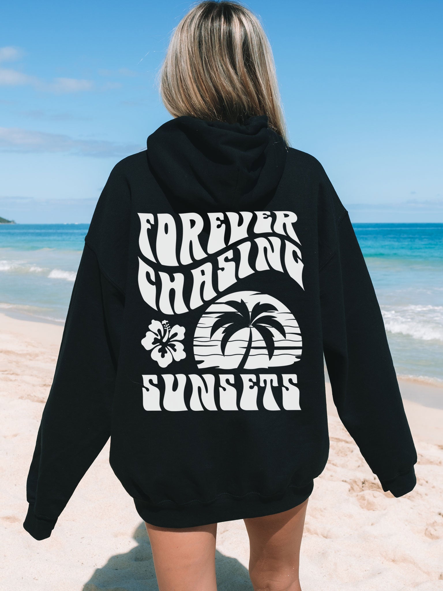 Forever Chasing Sunsets Hoodie Black with White Ink