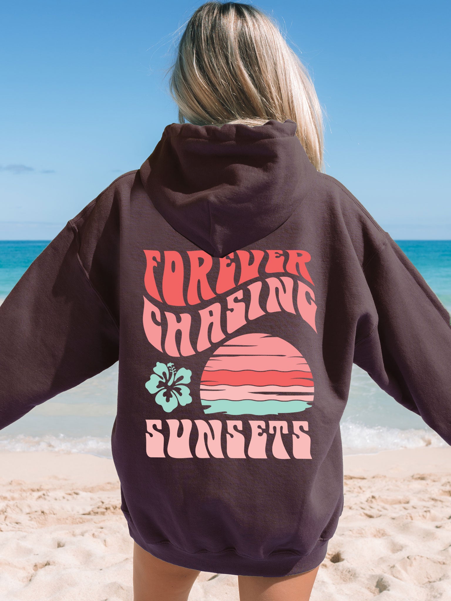 Forever Chasing Sunsets Hoodie Dark Chocolate Brown with Peach Ink