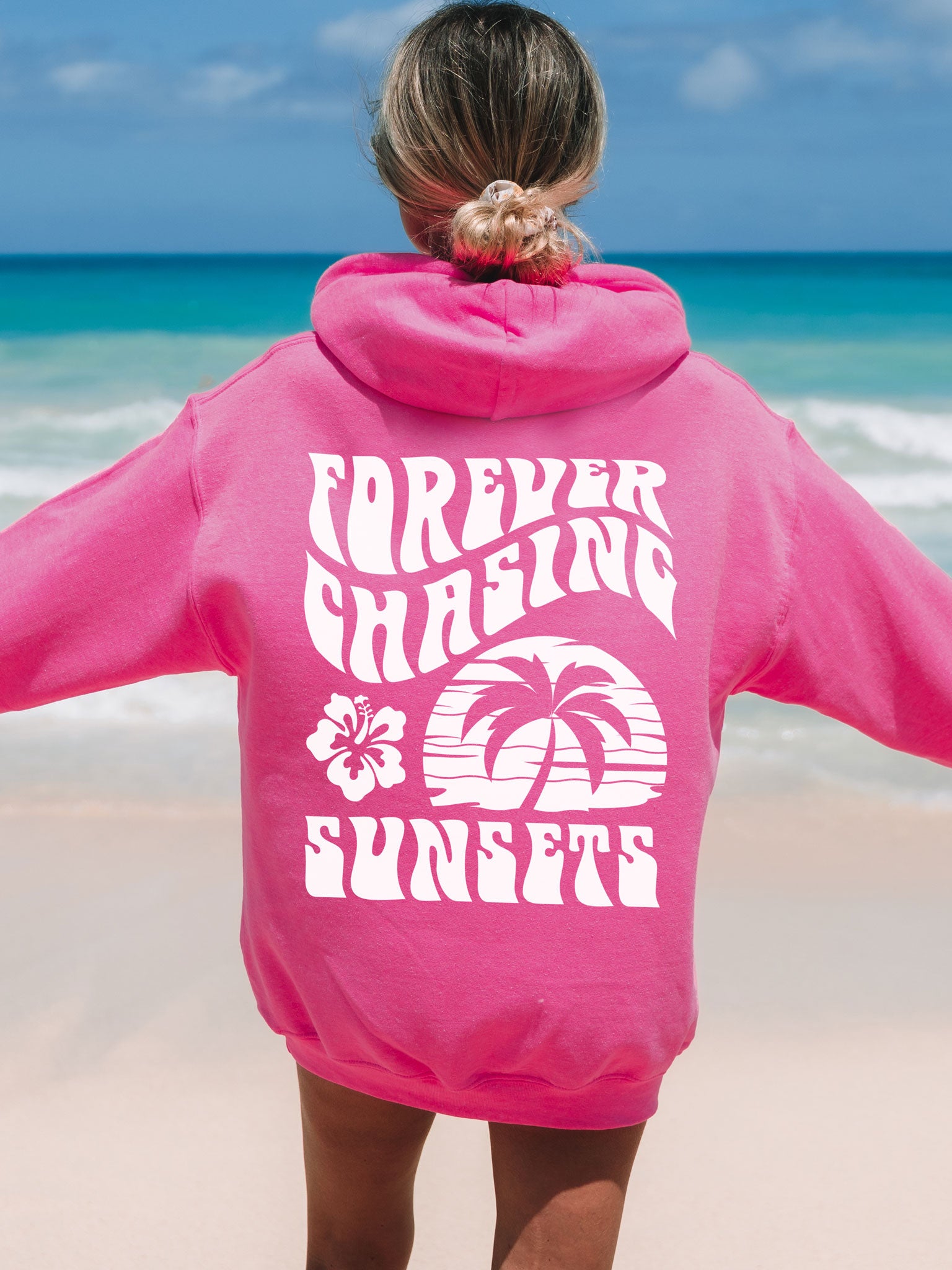 Forever Chasing Sunsets Hoodie Hot Pink Heliconia with White Ink