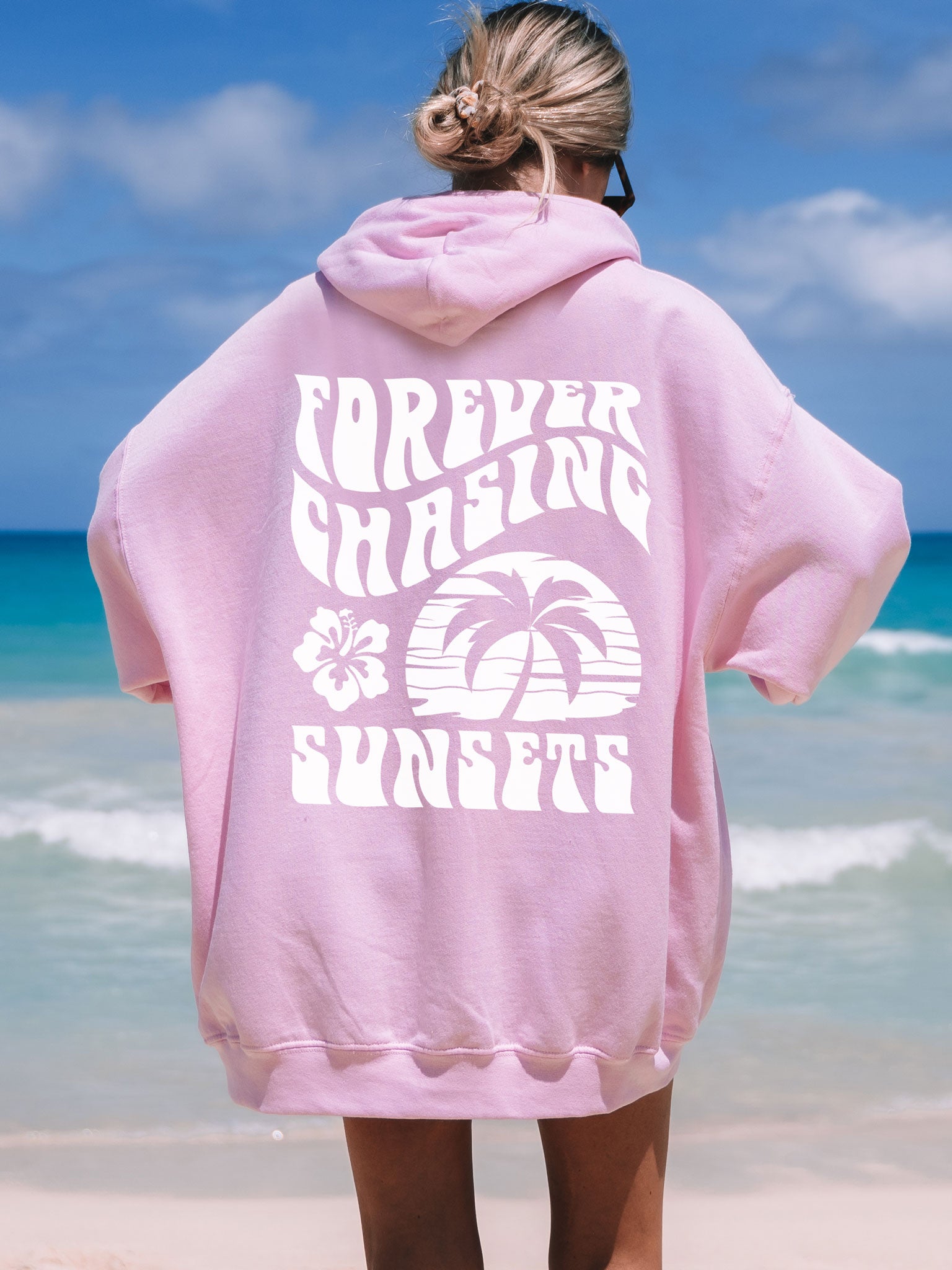 Forever Chasing Sunsets Hoodie Pink with White Ink