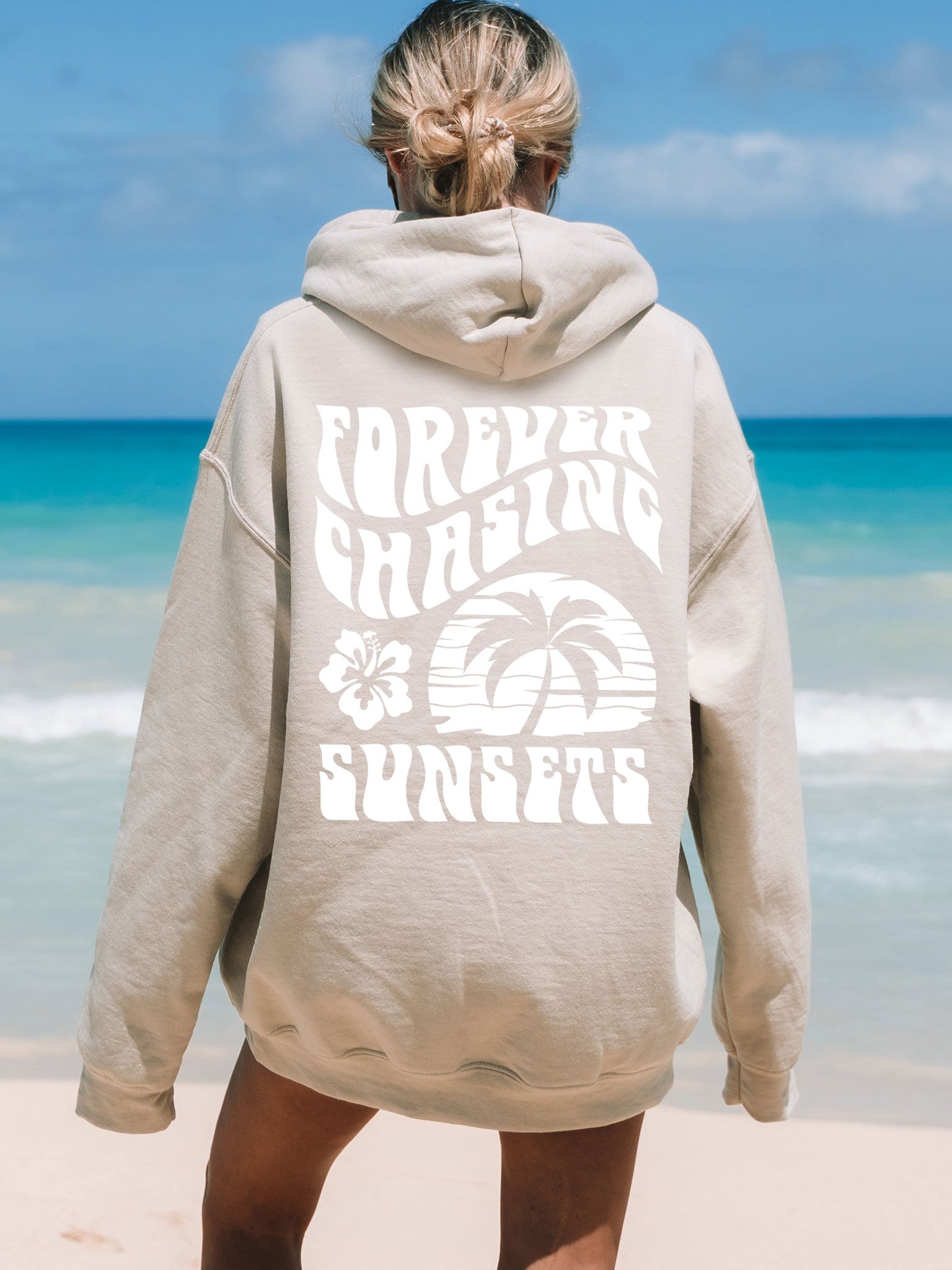 Forever Chasing Sunsets Hoodie Tan Beige Sand with White Ink