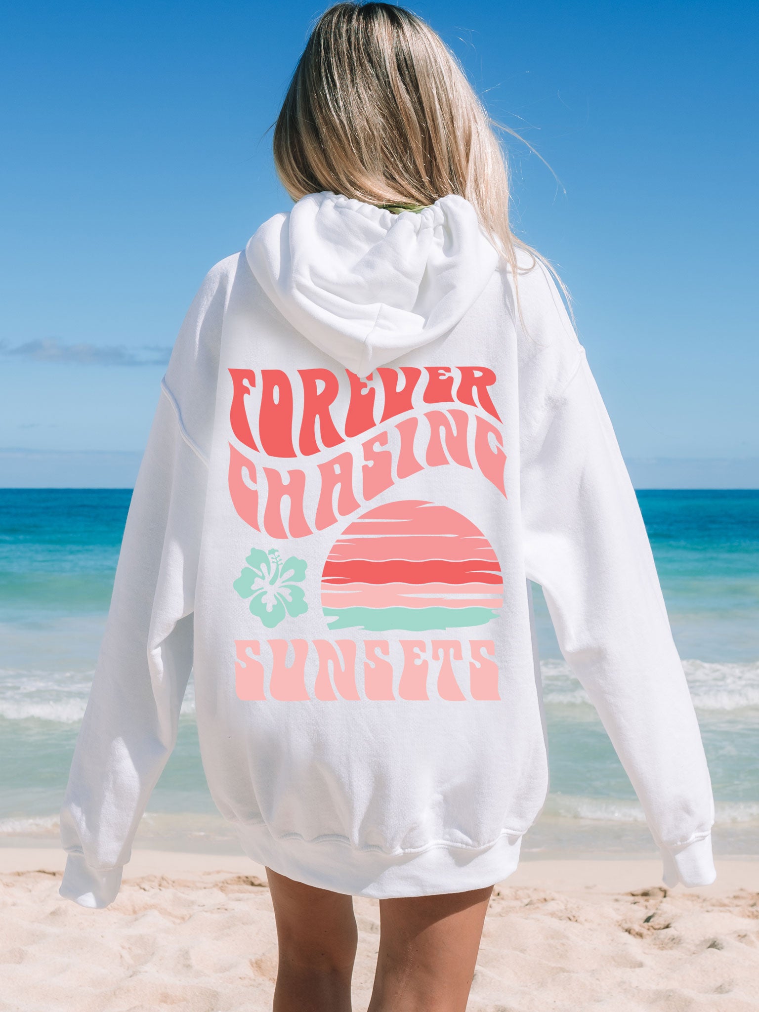 Forever Chasing Sunsets Hoodie White with Peach Ink