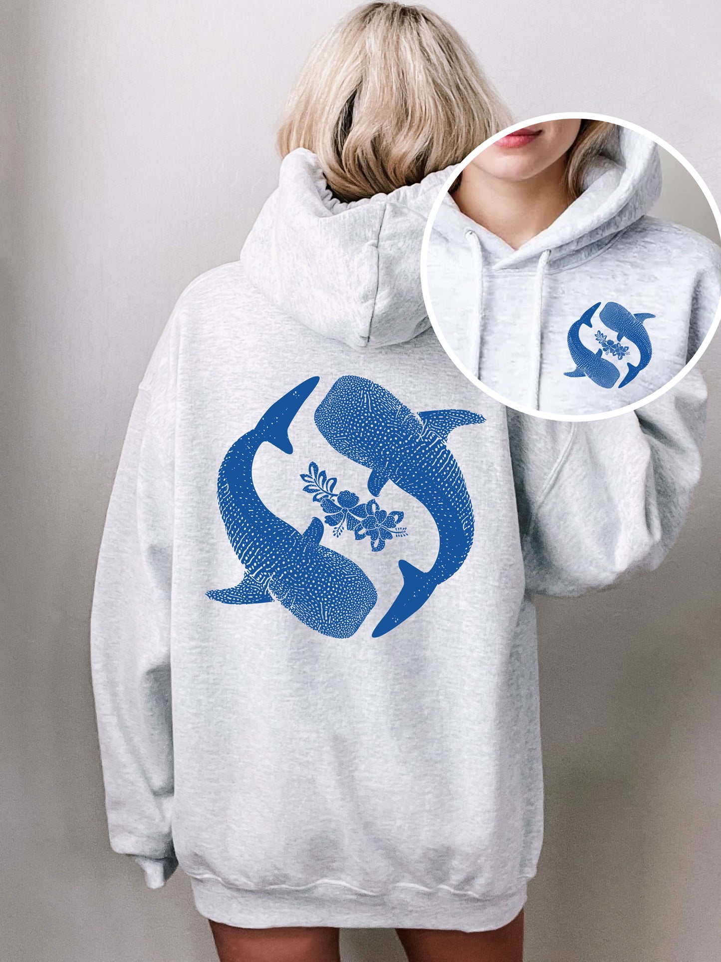 Yin Yang Whale Shark Hibiscus Hoodie - DOUBLE SIDED