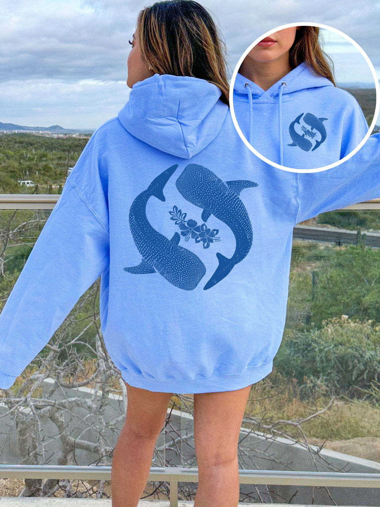 Yin Yang Whale Shark Hibiscus Hoodie - DOUBLE SIDED