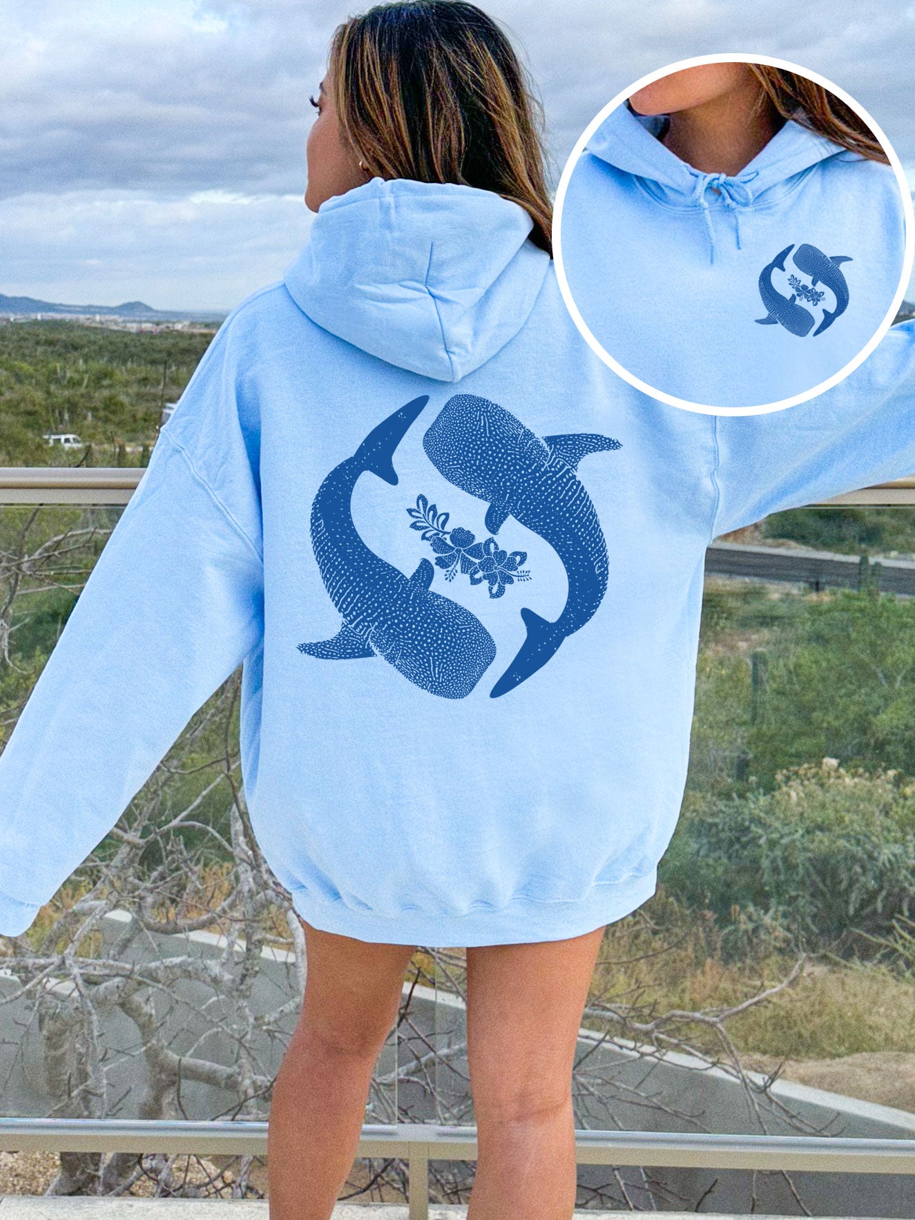 Yin Yang Whale Shark Hibiscus Hoodie - DOUBLE SIDED