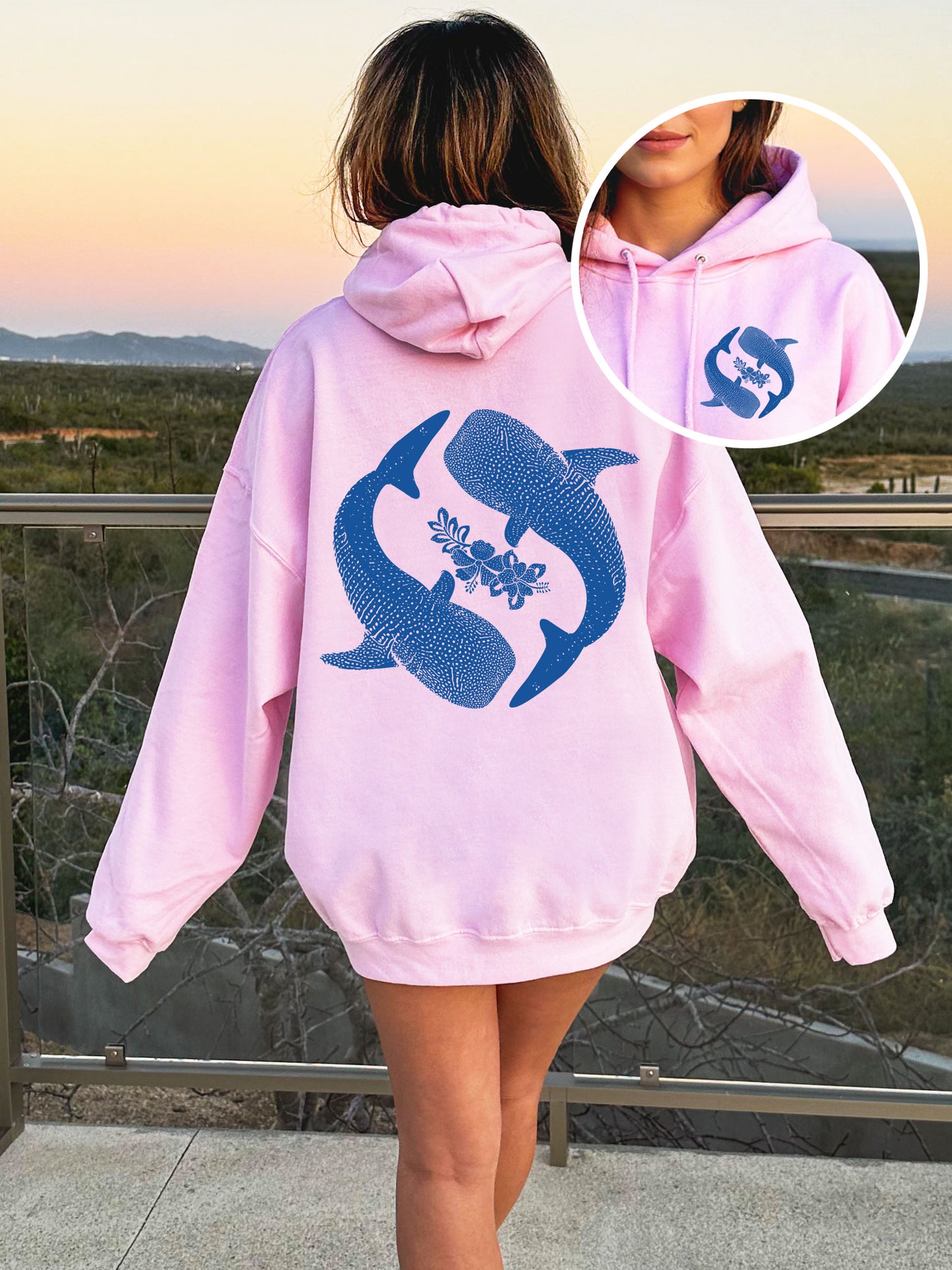 Yin Yang Whale Shark Hibiscus Hoodie - DOUBLE SIDED