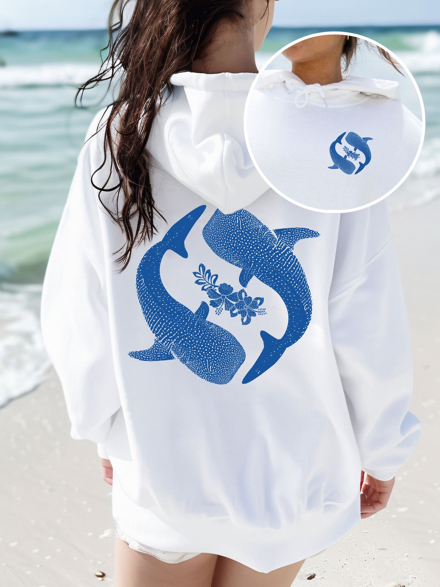 Yin Yang Whale Shark Hibiscus Hoodie - DOUBLE SIDED