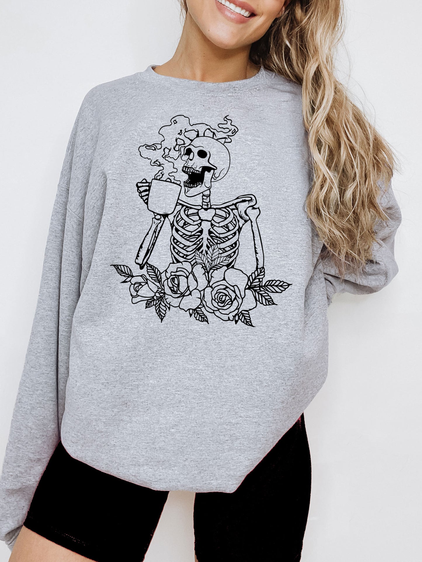 Hot Coffee Skeleton with Roses Sweatshirt - Black Ink