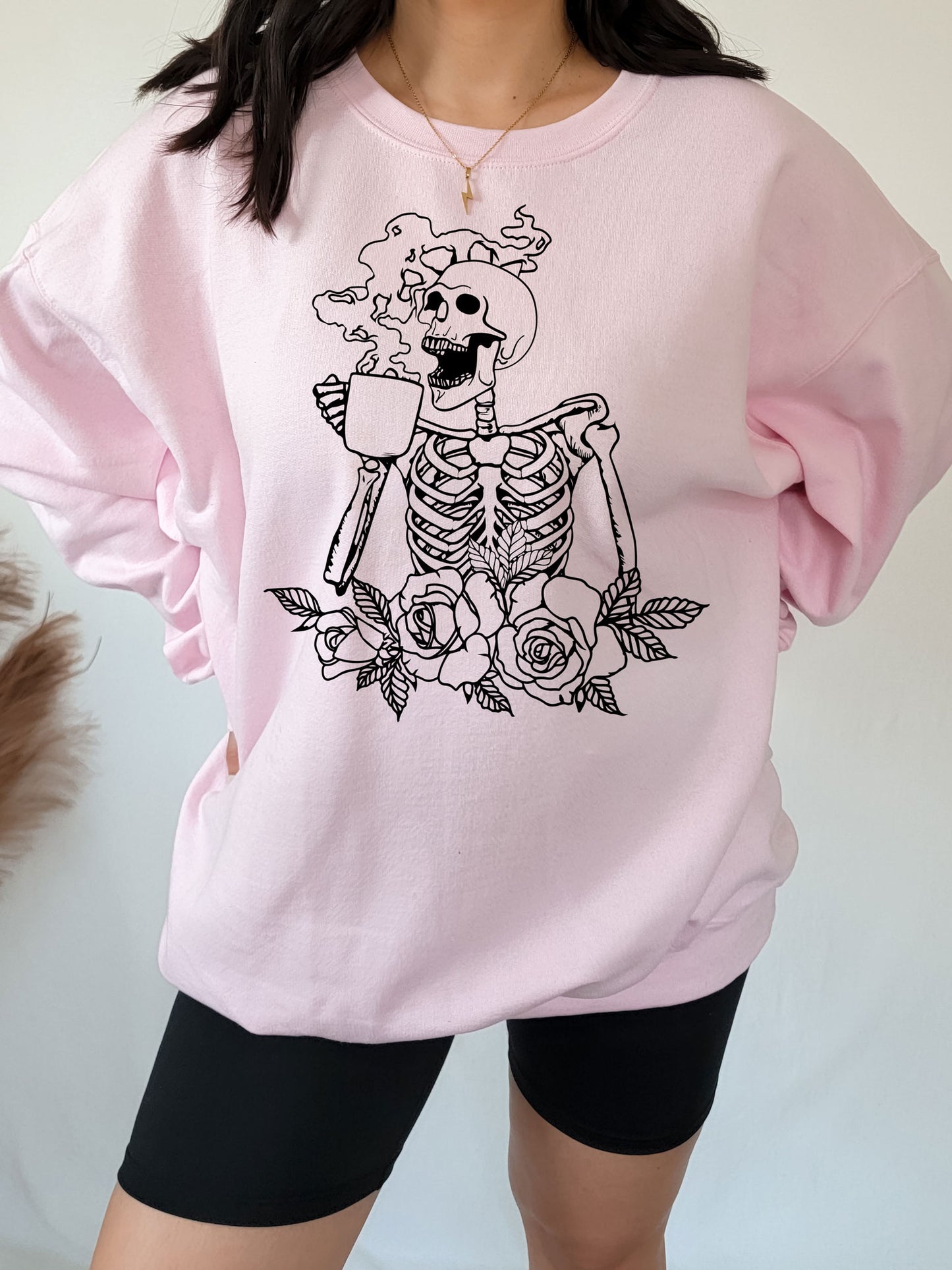 Hot Coffee Skeleton with Roses Sweatshirt - Black Ink